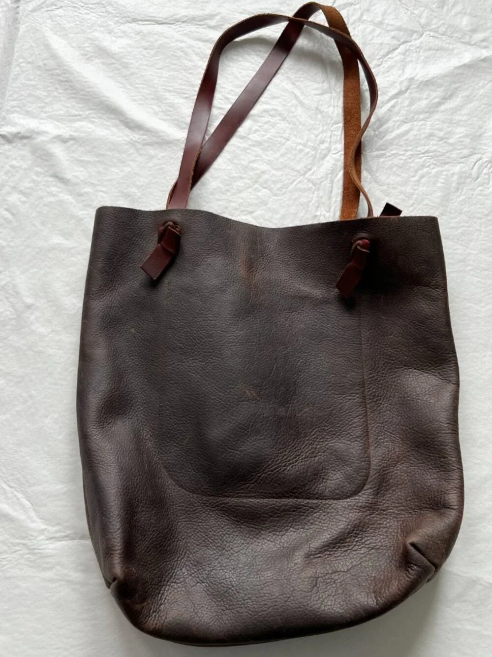 Milestone leather tote bag brown knot knotted top handles rectangular open